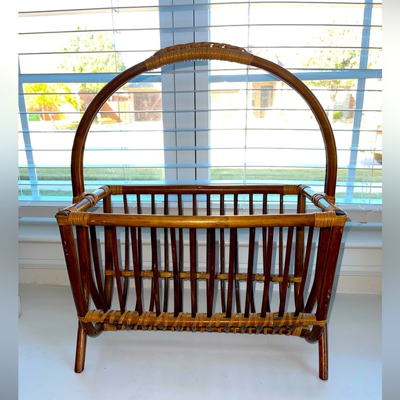 Vintage Bamboo Rattan‎ Woven Wicker Double Basket Magazine Holder with Handle